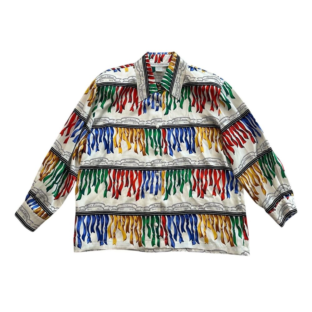 Jessica Holbrook 100% Silk Multicolor Ribbon Print French Button Up Shirt Size S